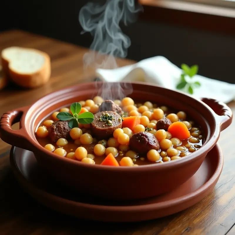 Cazuela de barro humeante con Olla Podrida, estofado castellano de garbanzos, trozos de carne de ternera, costilla de cerdo, chorizo y verduras como zanahoria y papa, en una salsa espesa y dorada. Plato tradicional español servido en mesa rústica de madera.