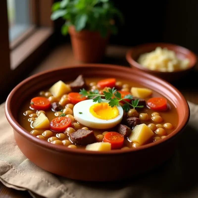 Olla de barro llena de olla podrida tradicional castellana, con garbanzos, trozos de carne de ternera, chorizo, tocino, patatas, zanahoria y repollo en un caldo espeso y dorado. Plato servido en cuenco de barro con huevo duro picado por encima.