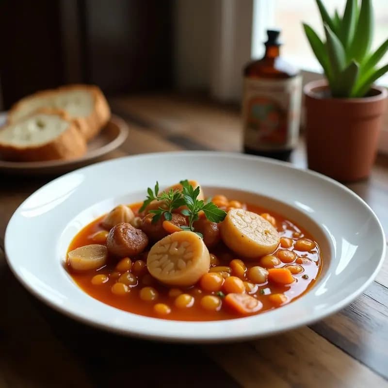 Olla de barro humeante con olla podrida tradicional: garbanzos, alubias, trozos de costilla, chorizo, morcilla y patatas en un caldo espeso y dorado. Plato rústico servido con pan en una mesa de madera.