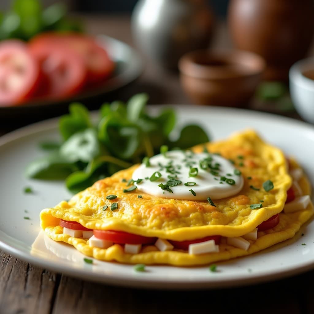 Omelette dorada y esponjosa doblada sobre sí misma, rellena de espárragos trigueros salteados y queso de cabra desmenuzado, decorada con cebollino fresco y almendras fileteadas tostadas. Plato blanco con fondo rústico de madera, receta keto de desayuno francés.