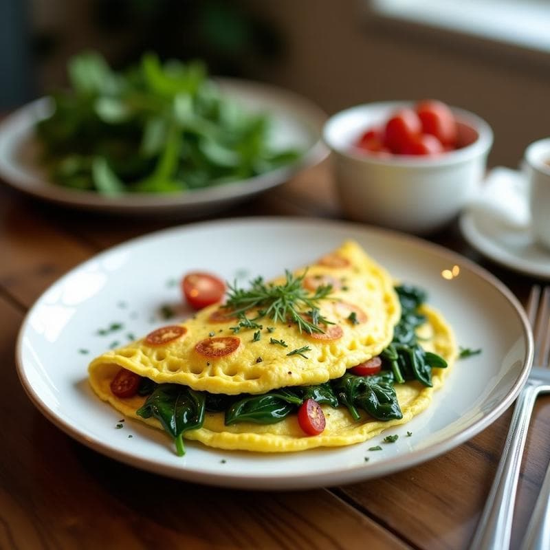 Omelette dorada y esponjosa con espinacas verdes y queso de cabra fundido, espolvoreada con hierbas provenzales, servida en plato blanco rústico con fondo de madera clara.