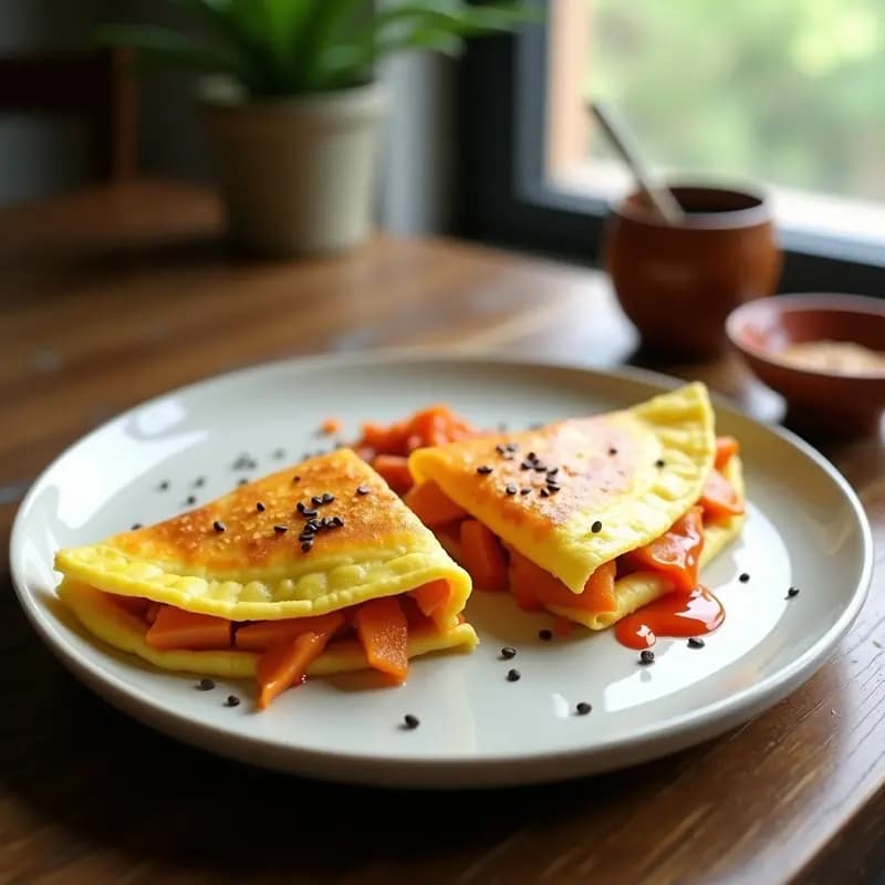 Omelette dorada y esponjosa rellena de kimchi fermentado y queso cheddar derretido, decorada con salsa sriracha y semillas de sésamo, servida en plato blanco sobre fondo de madera rústica.