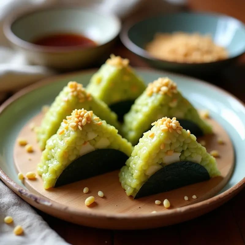 Onigiri triangulares de arroz japonés rellenos de aguacate y surimi, envueltos en tiras de alga nori y espolvoreados con sésamo tostado, servidos en una tabla de madera con salsa de soja al lado. Receta de onigiri de aguacate y surimi sin gluten.