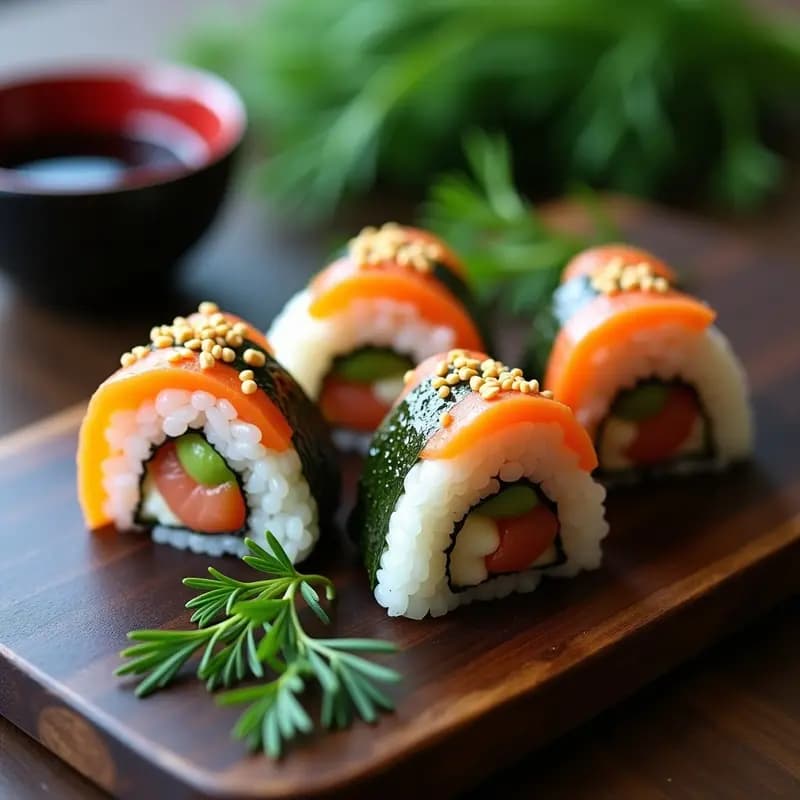 Onigiri triangulares perfectamente moldeados con alga nori negra envolviendo arroz brillante, rellenos de salmón ahumado y decorados con semillas de sésamo tostado, sobre una tabla de madera oscura con hojas de eneldo fresco.