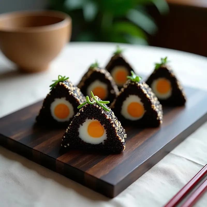 Onigiri triangular de arroz integral con costra dorada de sésamo negro y blanco, relleno de huevo de codorniz, decorado con láminas de trufa negra y cebollino picado sobre una tabla de madera oscura.