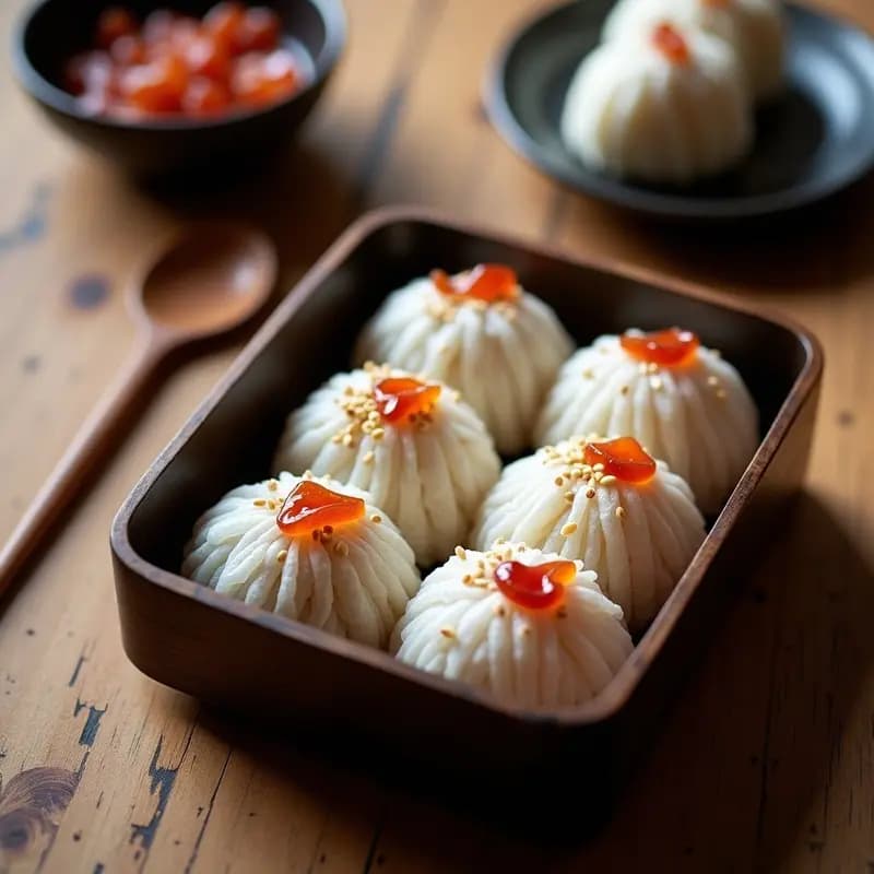 Onigiri de arroz integral vegano envueltos en gasa de algodón blanco, rellenos de umeboshi, espolvoreados con semillas de sésamo tostadas y dispuestos en un tupper de bambú con fondo de madera oscura.