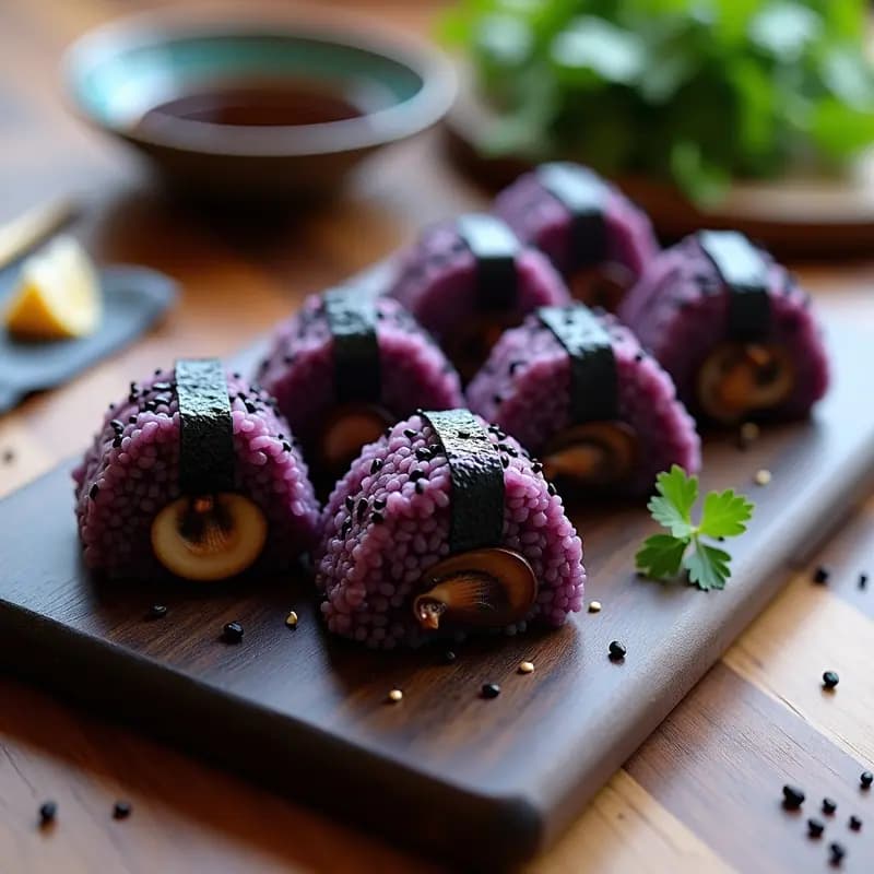 Plato de onigiri de arroz morado y champiñones shitake, receta japonesa vegana y sin gluten, con triángulos de arroz negro brillante cubiertos de semillas de sésamo y algas nori, servidos en una bandeja de madera con salsa de tamari al lado.