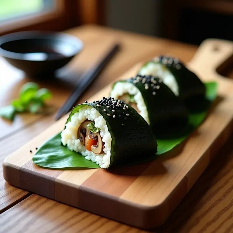 Onigiri de champiñones y umeboshi vegano, triángulos de arroz blanco rellenos, envueltos en tiras de alga nori oscura y cubiertos de sésamo negro, dispuestos en un plato de madera con fondo minimalista.