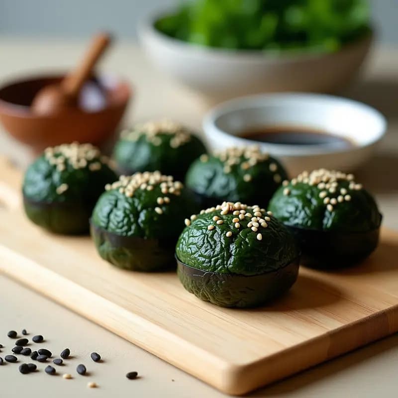 Onigiri veganos sin arroz de color verde oscuro con semillas de sésamo negro y blanco, envueltos en tiras de alga nori, dispuestos en una tabla de madera con fondo minimalista.