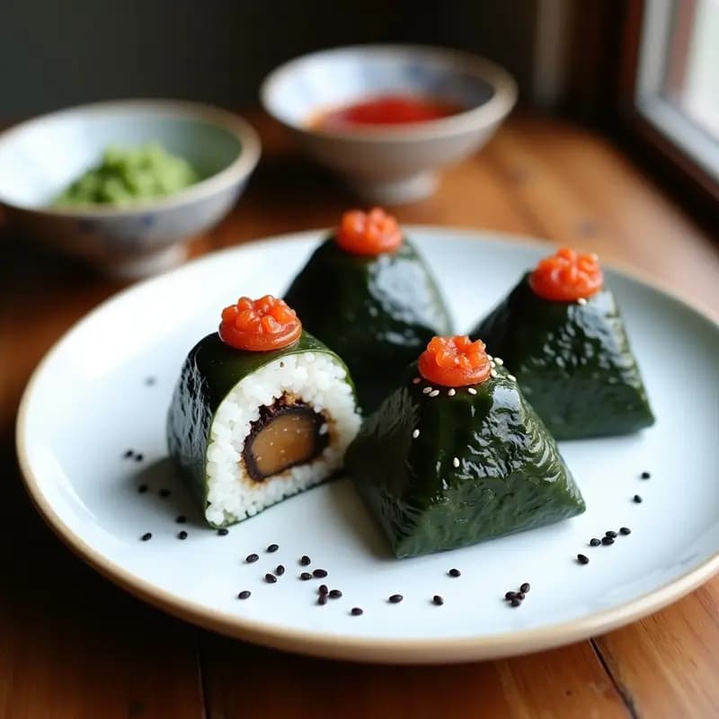 Onigiri triangular vegano relleno de champiñones portobello y umeboshi, envuelto en alga nori y decorado con semillas de sésamo negro y tiras de umeboshi, sobre un plato de cerámica blanca con fondo de madera oscura.