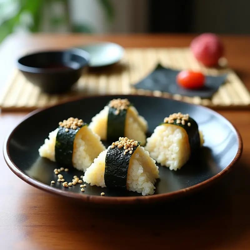 Onigiri triangular de quinoa y umeboshi envuelto parcialmente con alga nori, con semillas de sésamo tostadas espolvoreadas, sobre una tabla de madera oscura con fondo minimalista japonés.