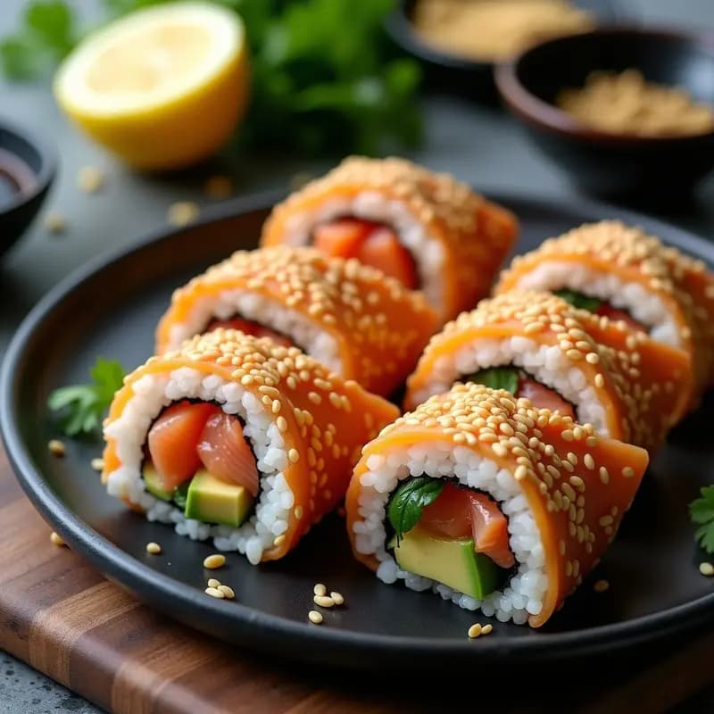 Onigiri de salmón y aguacate con cobertura de sésamo tostado y copos de coco, servidos en bandeja de madera sobre hoja de alga nori, receta sin gluten y alta en omega-3.