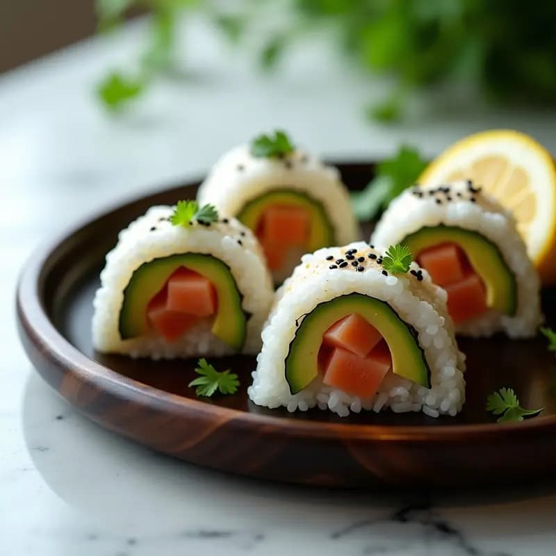 Seis onigiri triangulares de arroz blanco con relleno de salmón y aguacate, decorados con semillas de sésamo negro y blanco, y tiras de alga nori. Presentados en una tabla de madera con fondo claro, listos para llevar en tupper.