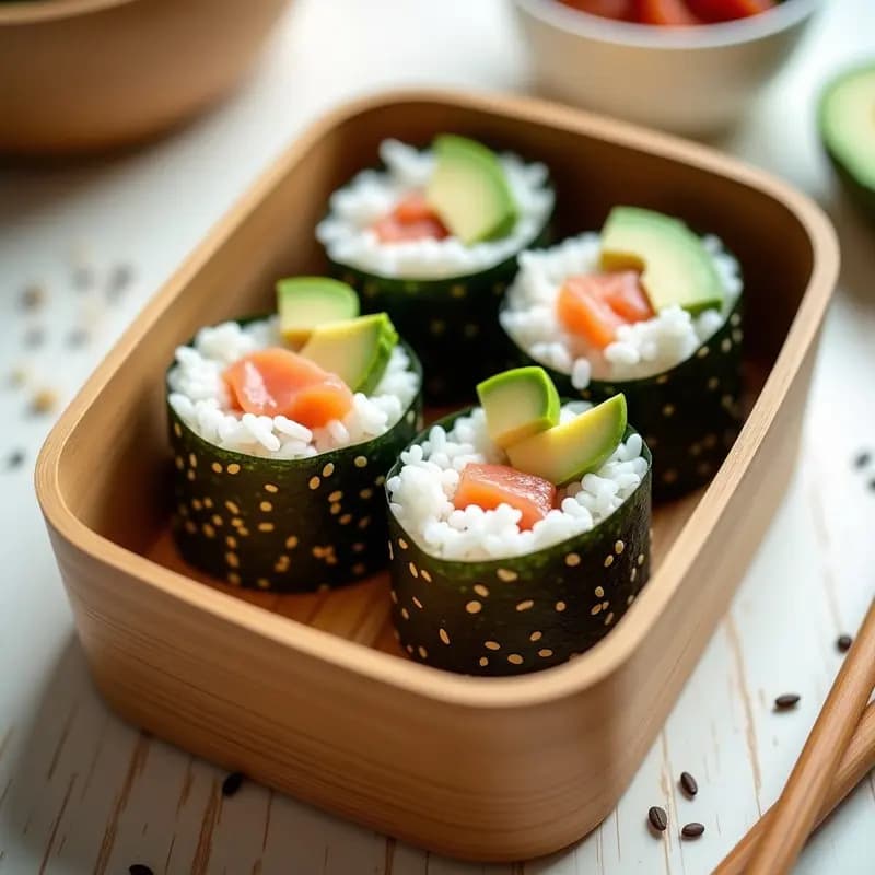 Onigiri triangulares de arroz japonés rellenos de salmón y aguacate, cubiertos de semillas de sésamo negro y blanco, con tiras de alga nori en la base, servidos en un tupper de bambú sobre fondo de madera clara, receta japonesa fresca y nutritiva.
