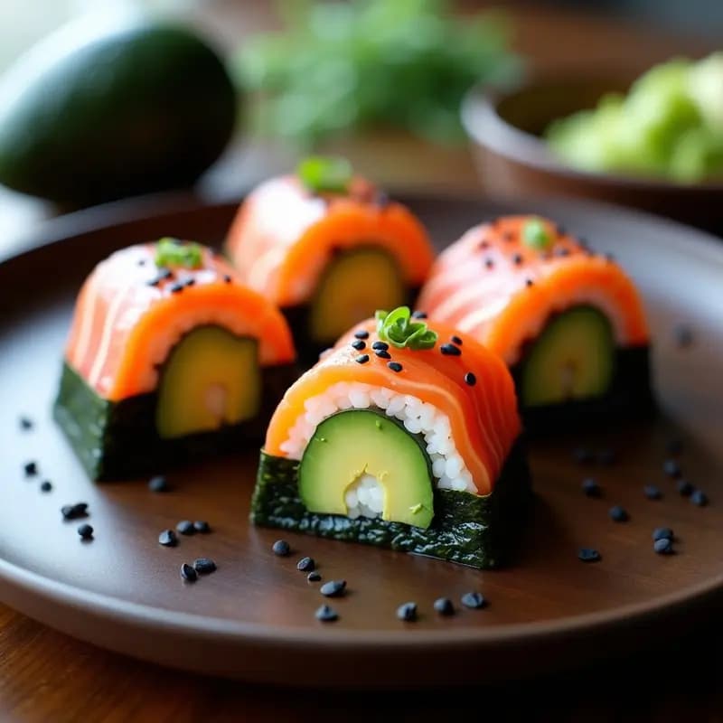 Onigiri de salmón ahumado y aguacate sobre una tabla de madera oscura, con semillas de sésamo negro y algas nori, receta japonesa alta en omega-3.