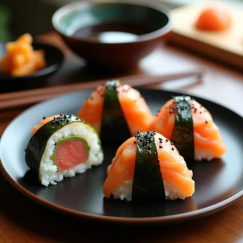Plato de madera rústica con 6 onigiri japoneses en forma triangular, rellenos de salmón ahumado y wasabi, envueltos en algas nori y espolvoreados con semillas de sésamo tostadas. Acompañados de cebollino picado y salsa de soja al lado.