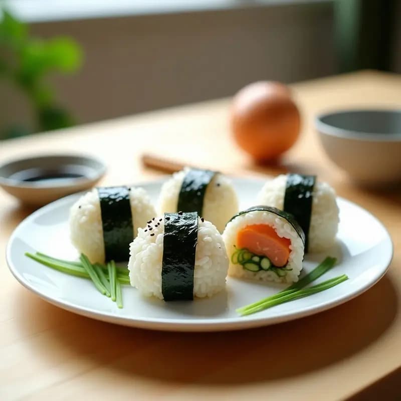 Cuatro onigiri japoneses con salmón y algas nori dispuestos en un plato de madera, con semillas de sésamo espolvoreadas y algas nori crujientes, acompañados de salsa de soja y jengibre rallado.