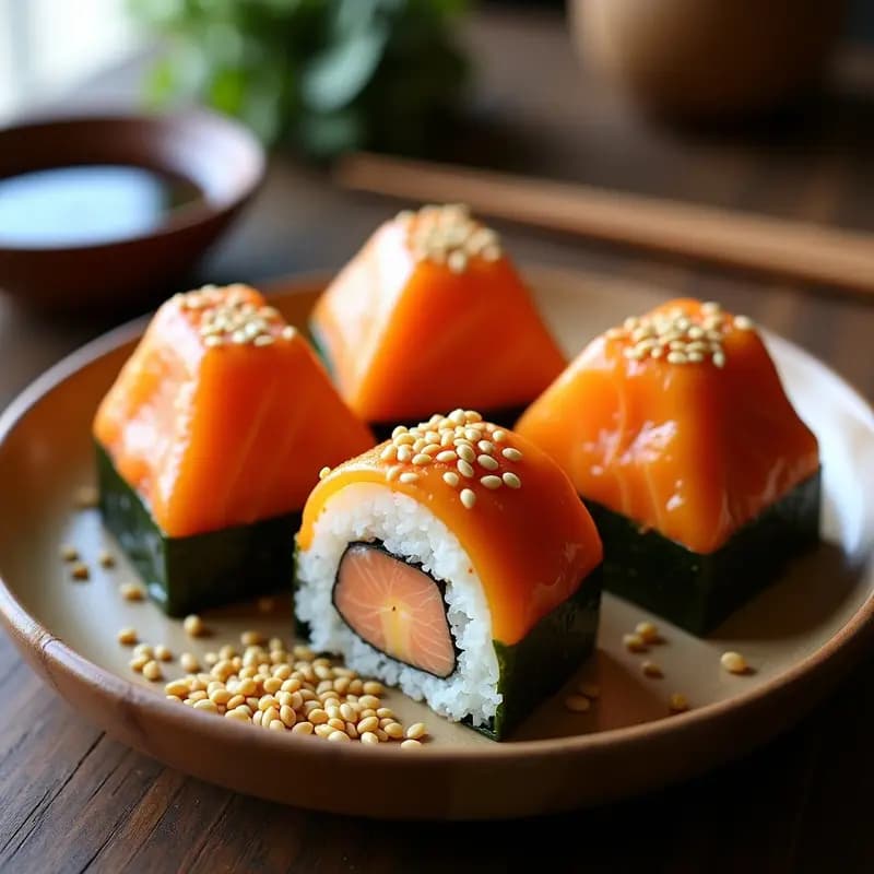 Onigiri de salmón teriyaki y queso Filadelfia en forma de triángulo, cubiertos de semillas de sésamo tostadas y con un brillo dorado por la salsa teriyaki, sobre un plato de madera con alga nori y salsa de soja al lado.