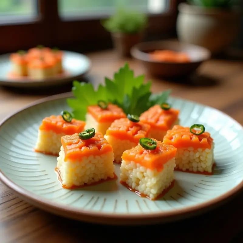 Seis onigiri de salmón y wasabi dispuestos en una tabla de madera oscura, con forma de triángulo y cubiertos de semillas de sésamo negras. El relleno de salmón rosado y wasabi asoma ligeramente en la base. Decorados con cebollino picado y acompañados de un pequeño cuenco de salsa de soja. Foto con luz natural y fondo desenfocado.
