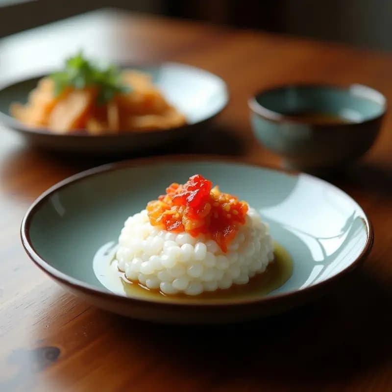 Onigiri vegano de seta shiitake y umeboshi con textura dorada y crujiente, envuelto en alga nori y semillas de sésamo negro, servido en plato de madera oscuro con fondo minimalista.