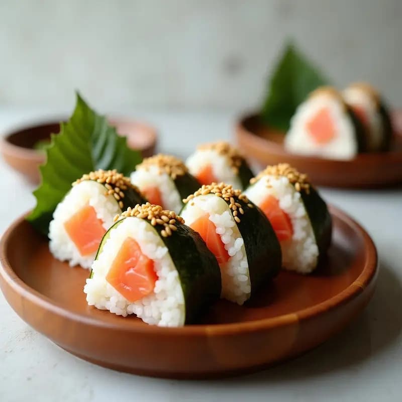 Seis onigiri japoneses en forma de triángulo con relleno de umeboshi y salmón, cubiertos de semillas de sésamo tostadas y envueltos parcialmente con tiras de alga nori, presentados en una bandeja de madera con fondo minimalista.