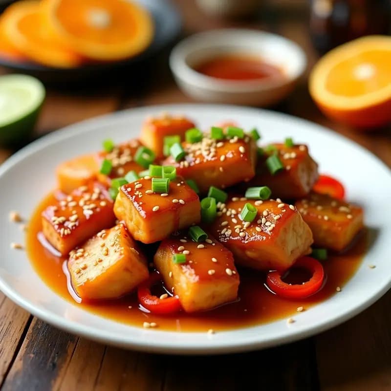 Plato blanco con Orange Chicken vegano crujiente en Airfryer, bañado en salsa de naranja y jengibre, acompañado de pimiento rojo salteado y decorado con semillas de sésamo y cebollino fresco.