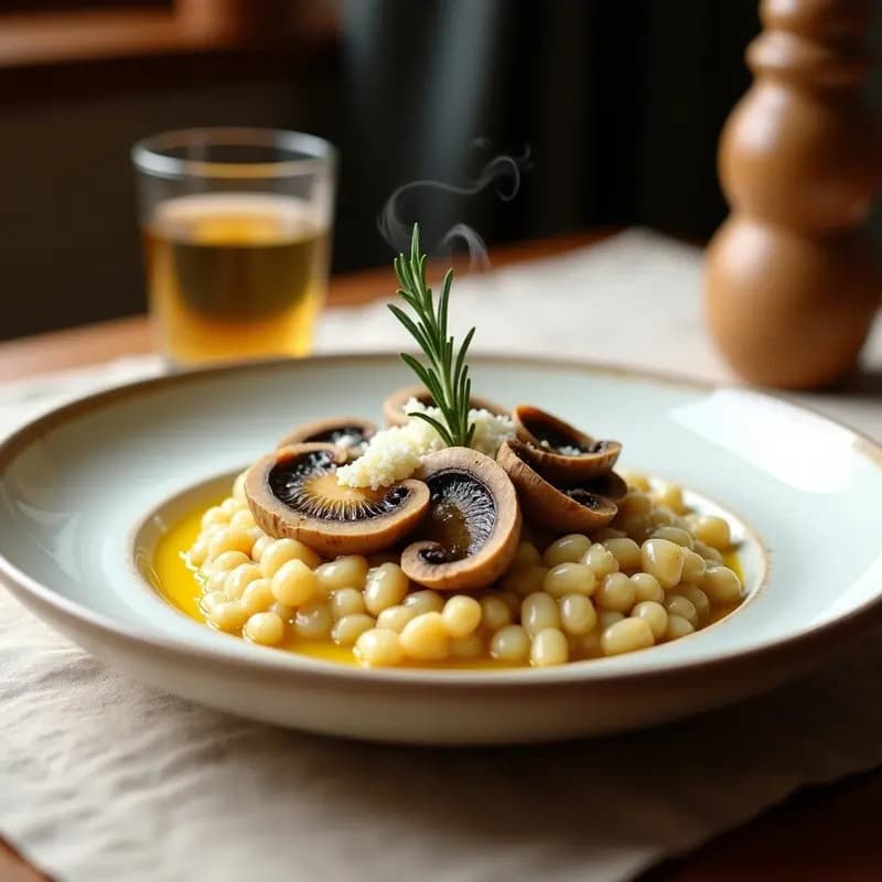 Plato hondo de cerámica blanca con orzotto cremoso de cebada perlada, champiñones portobello dorados y queso pecorino rallado, decorado con nueces picadas y romero fresco. Receta italiana de olla lenta.