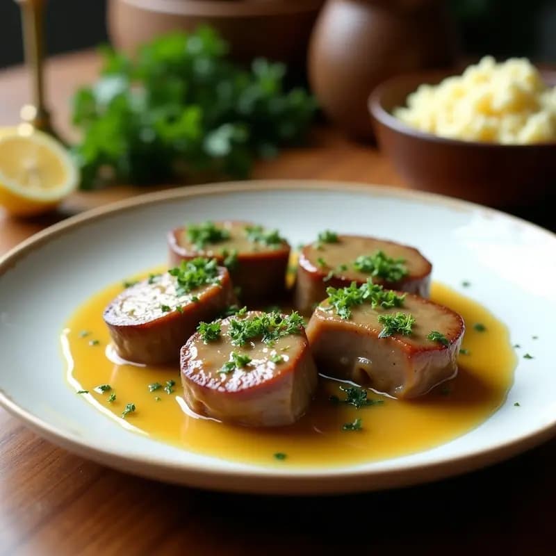 Plato hondo de barro con ossobuco de ternera al vino blanco, rodajas de carne dorada con hueso, bañadas en salsa espesa y coronadas con gremolata verde y almendras. Acompañado de risotto cremoso y decorado con perejil fresco.