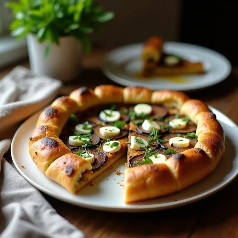 Plato blanco ovalado con rodajas de berenjena doradas gratinadas con queso feta desmenuzado, bañadas en salsa de vino blanco y hierbas provenzales, decoradas con hojas de albahaca y tomates cherry. Receta Ouvre à la Grecque de berenjena y queso feta.