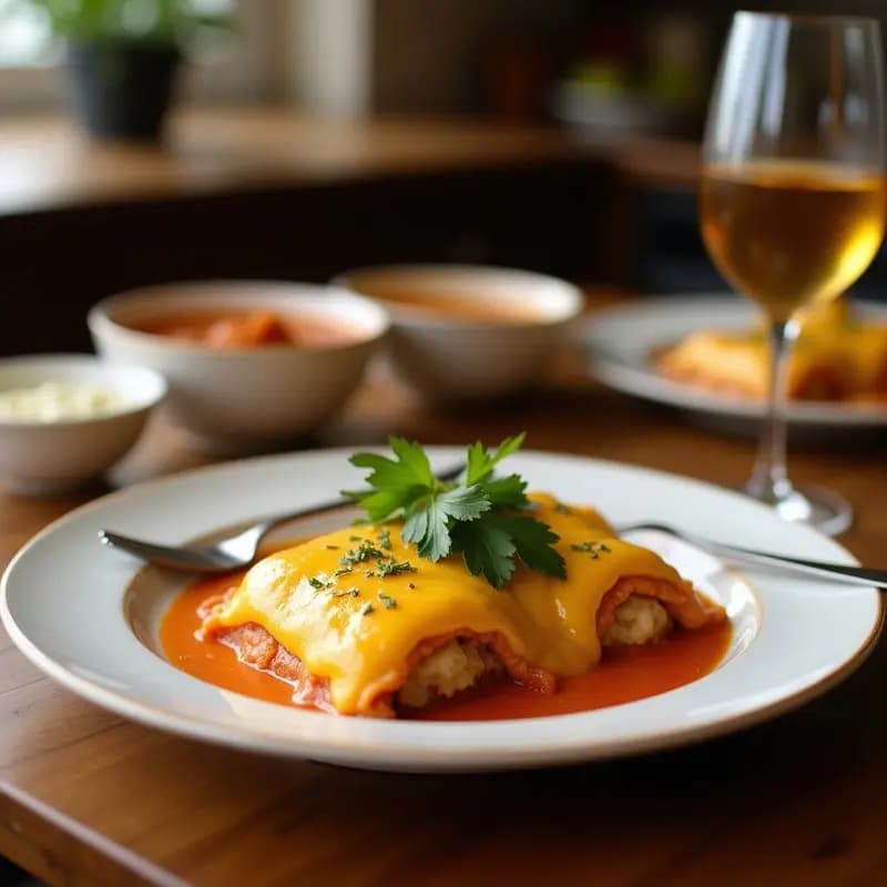 Pechuga de pollo dorada rellena de queso de cabra y espinacas, con salsa de miel y tomillo fresco, servida en plato blanco sobre fondo rústico. Receta francesa P dimanche de pollo.
