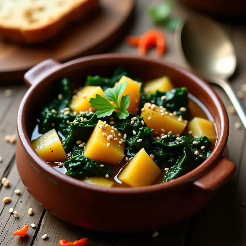 Plato hondo de barro con P Kecel húngaro vegano, un guiso espeso de col rizada y patata en cubos, con un toque de perejil fresco y pimentón ahumado. Servido con una rebanada de pan de centeno en un fondo rústico de madera.