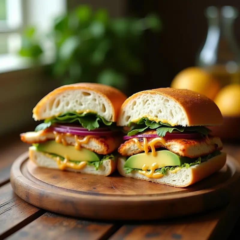 Sándwich P Liberal mexicano abierto mostrando capas de pollo al chipotle, aguacate cremoso, queso Oaxaca derretido, cebolla morada, tomate y cilantro sobre pan bolillo tostado, con fondo rústico de madera.