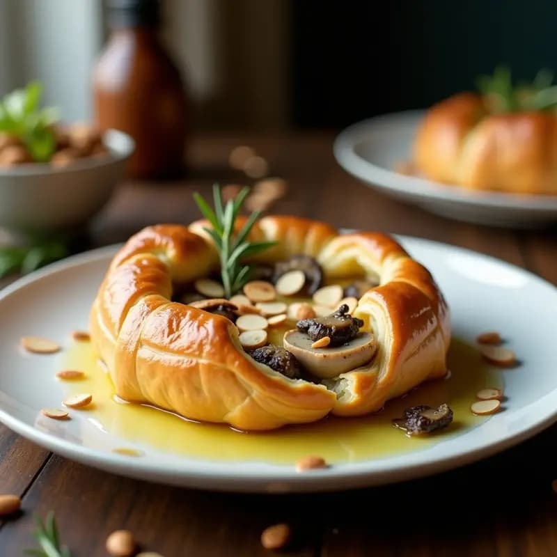 P Malone de queso y champiñones al horno, plato francés gourmet con masa hojaldre dorada, relleno cremoso de queso de cabra y champiñones portobello, decorado con almendras tostadas y romero fresco.
