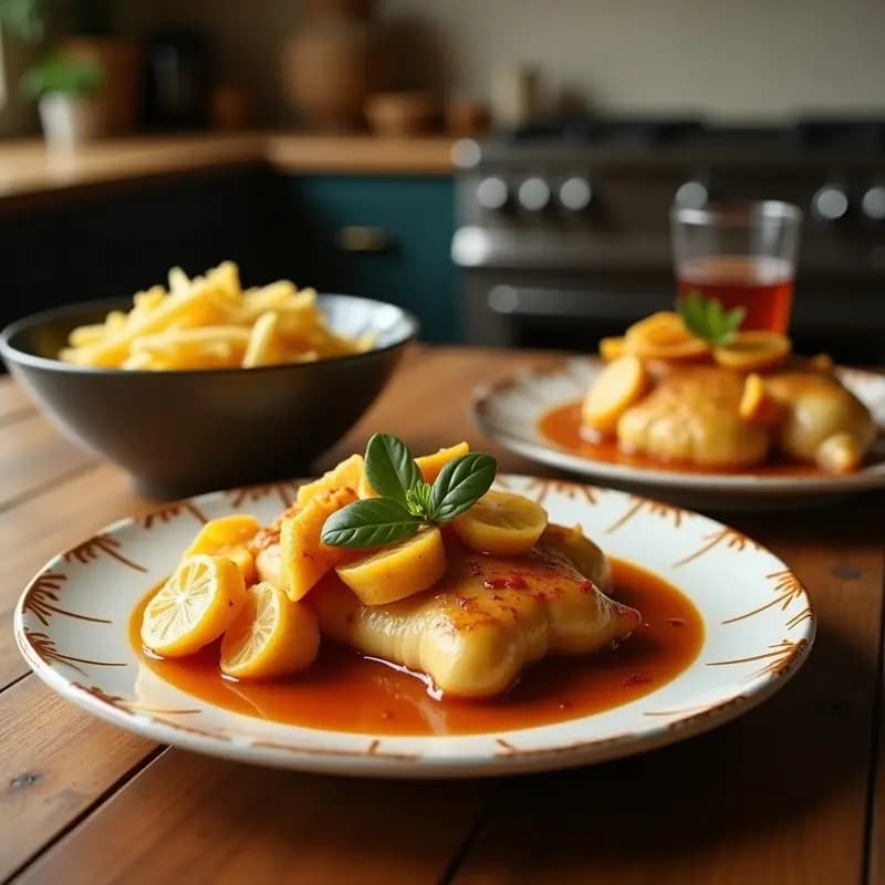 Plato hondo de cerámica blanca con P Rudolph de pollo y piña: tiras de pollo glaseado con miel de abeto, cubos de piña fresca dorada, cebolla morada y apio salteados, espolvoreado con almendras fileteadas tostadas. Fondo borroso con hierbas frescas y luz natural.