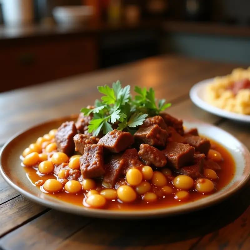 Plato tradicional venezolano de pabello con carne mecida desmenuzada, caraotas negras estofadas, arroz blanco y rodajas de plátano maduro frito, servido en un plato hondo de barro.