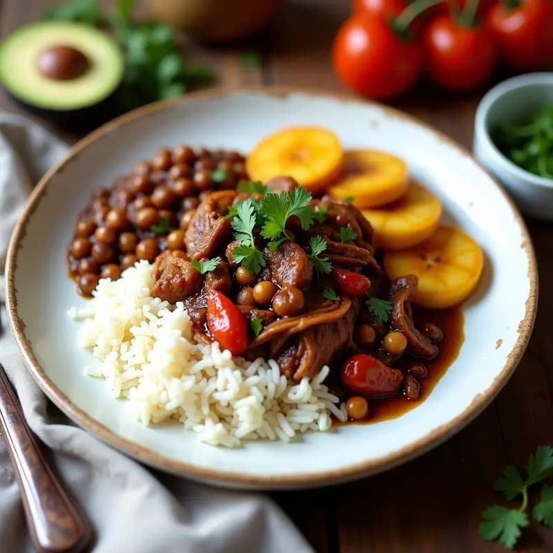 Plato tradicional venezolano vegano con arroz blanco, garbanzos estofados, jackfruit desmenuzado estilo carne mechada y rodajas de plátano maduro frito, decorado con cilantro fresco.