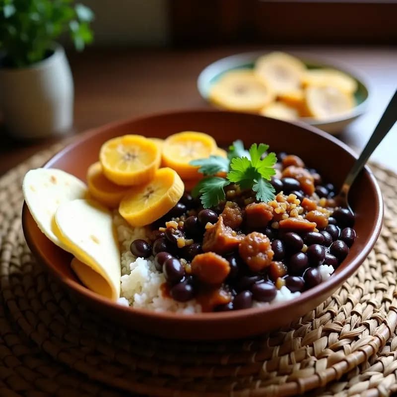 Plato hondo de barro con Pabellón Criollo vegano: arroz blanco esponjoso, frijoles negros estofados con jackfruit desmenuzada y tajadas doradas de plátano maduro. Decorado con cilantro fresco y servido con una arepa al lado.