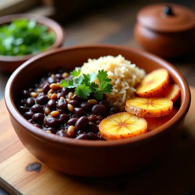 Plato hondo de barro con Pabellón Criollo Vegano: arroz integral esponjoso, caraotas negras en salsa espesa y trozos de plátano maduro caramelizado con comino, decorado con cilantro fresco.