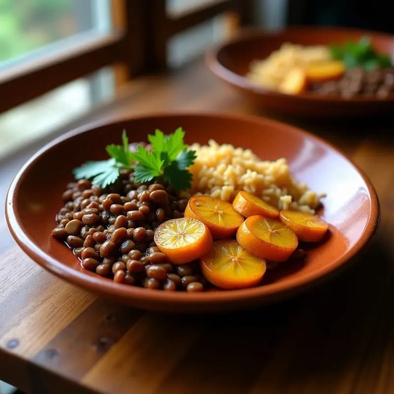 Plato tradicional venezolano vegano con arroz integral esponjoso, lentejas estofadas con tofu ahumado desmenuzado y tajadas de plátano maduro doradas al horno, decorado con cilantro fresco y un toque de limón.