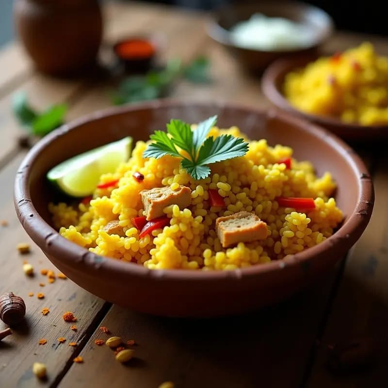Plato hondo de barro con Pabo de Galinha brasileño: muslos de pollo en salsa dorada de cúrcuma y leche de coco, servidos sobre arroz amarillo vibrante, decorado con cilantro fresco y rodajas de limón.