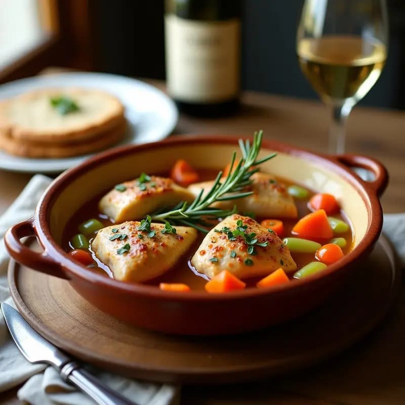 Plato hondo de barro con pabulum de pollo y verduras al estilo romano, mostrando muslos de pollo tiernos, zanahorias, apio y tomates en un caldo aromático con hierbas frescas. Receta tradicional italiana en olla lenta.