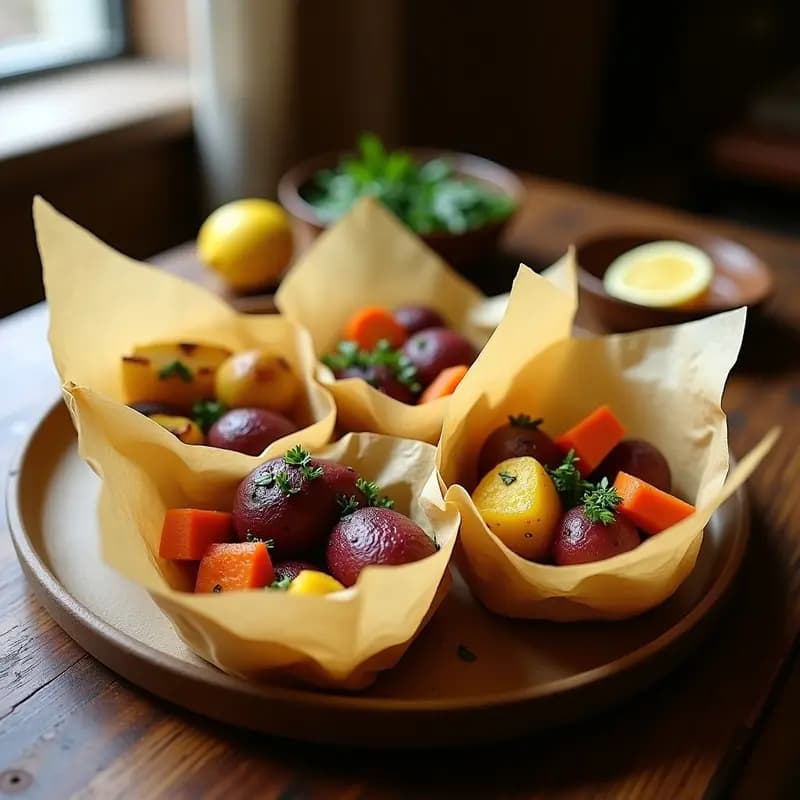 Pachamanca de verduras con hierbas andinas en papillote, servida en papel de horno abierto sobre una mesa de madera. Se ven trozos de papa nativa amarilla, camote morado, yuca y zanahoria, bañados en hierbas frescas como huacatay y culantro, con un toque de limón.