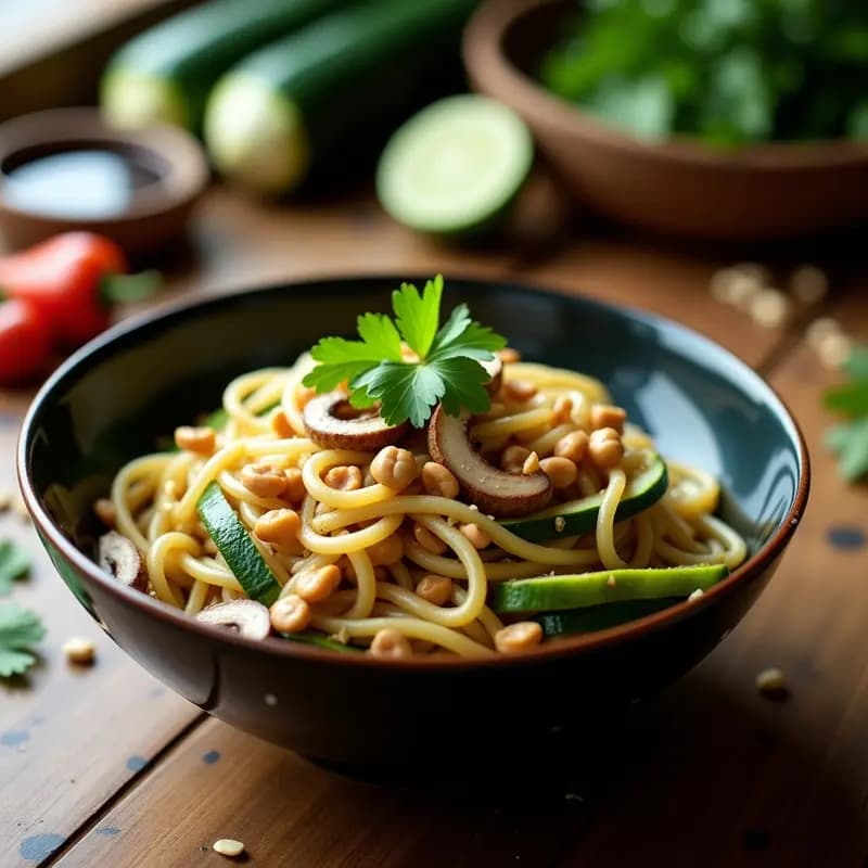 Plato hondo de cerámica oscura con Pad See Ew low carb: fideos konjac salteados con tiras de calabacín, setas shiitake doradas, pollo en juliana y huevo en hebras, decorado con cacahuetes triturados y cilantro fresco. Receta tailandesa keto.