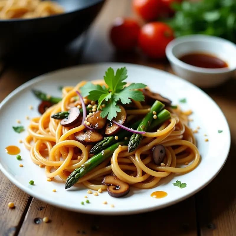 Plato de Pad See Ew tailandés con fideos de arroz anchos salteados en wok, espárragos trigueros verdes, hongos shiitake dorados y brotes de soja, decorado con cilantro fresco y rodaja de limón.