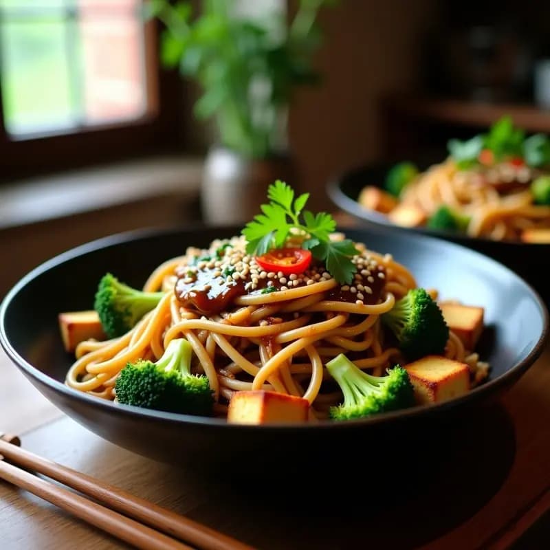 Plato hondo de cerámica negra con Pad See Ew tailandés vegano: fideos de arroz anchos salteados con brócoli verde brillante, tofu dorado en cubos, decorado con semillas de sésamo y cilantro fresco.