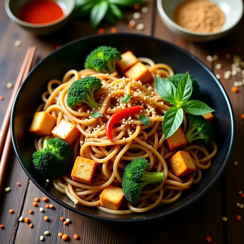 Plato de Pad See Ew con fideos de arroz anchos dorados, brócoli verde vibrante, tofu dorado y semillas de sésamo, decorado con hojas de albahaca tailandesa y chile rojo en un wok negro.