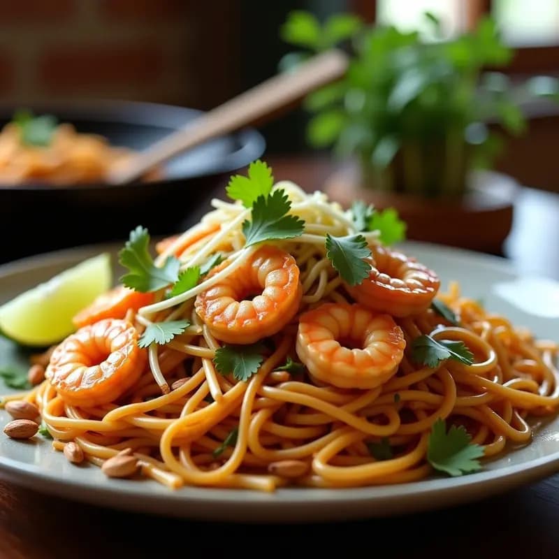 Plato hondo de cerámica blanca con Pad Thai auténtico: fideos de arroz dorados salteados con camarones rosados, trozos de huevo, cebolla morada, brotes de soja y maní tostado triturado. Decorado con gajos de lima, hojas de cilantro y rodajas de chile rojo al lado. Fondo borroso de cocina tailandesa con utensilios de madera.