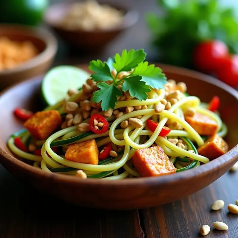 Plato hondo con Pad Thai de calabacín espiralizado vegano, tofu dorado, brotes de soja, cacahuetes picados y cilantro fresco, decorado con rodajas de lima sobre fondo de madera rústica.
