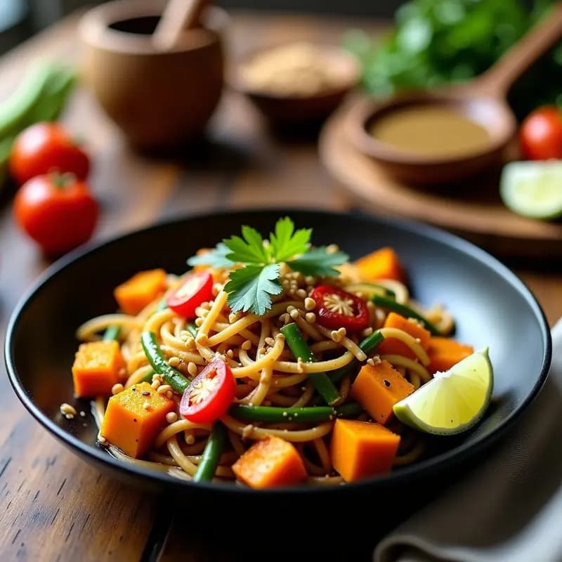 Plato hondo de cerámica negra con Pad Thai de calabaza asada en cubos dorados, tofu dorado crujiente, brotes de espárrago triguero y salsa espesa brillante. Decorado con cacahuetes picados, hojas de cilantro fresco, rodajas de chile rojo y una cuña de limón al lado. Fondo borroso con utensilios de cocina tailandeses.
