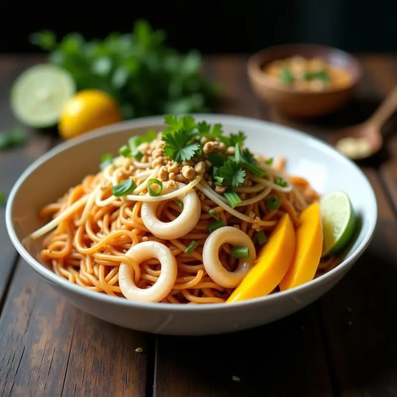 Plato hondo de cerámica blanca con Pad Thai de calamar y mango, fideos de arroz salteados con trozos de calamar dorado, tiras de mango maduro, cacahuetes tostados, brotes de soja y cilantro fresco, decorado con rodaja de lima y chile rojo en un fondo rústico.
